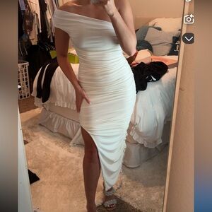 White side slit off the shoulder dress
